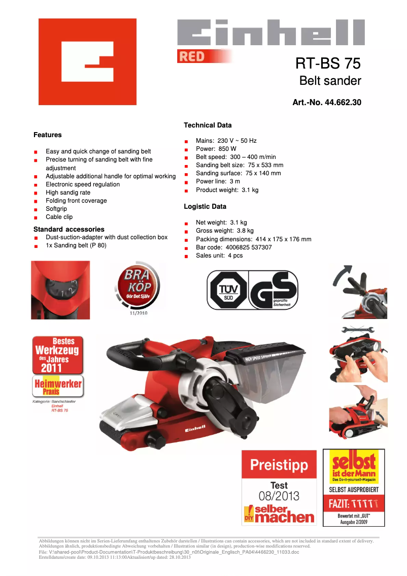 Page 1 of the manual Technical Sheet Einhell TE-BS 8540 E