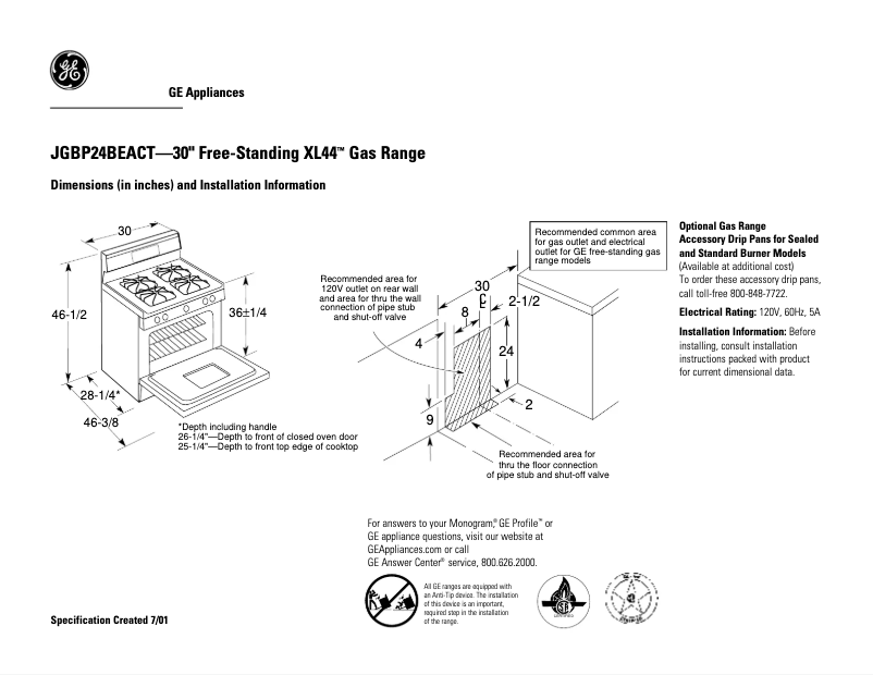 Page 1 of the manual Technical Sheet GE JGBP24BEACT