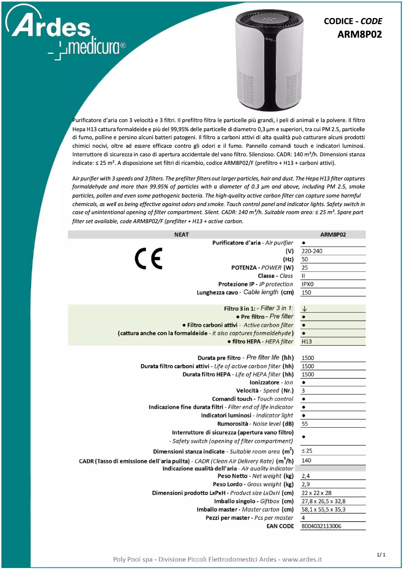 Page 1 of the manual Technical Sheet Ardes ARM8P02