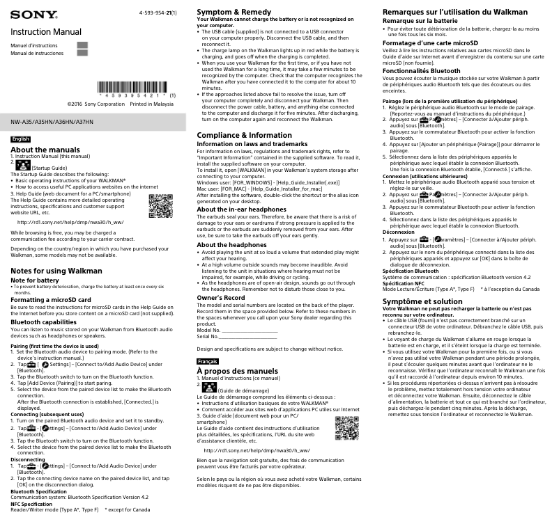 Page 1 of the manual User Manual Sony Walkman NW-A37HN