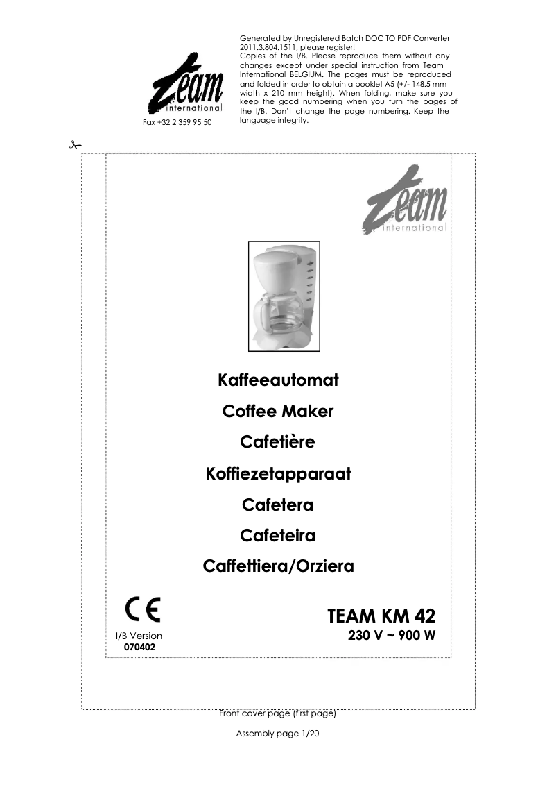 First page image of the manual for KM 42