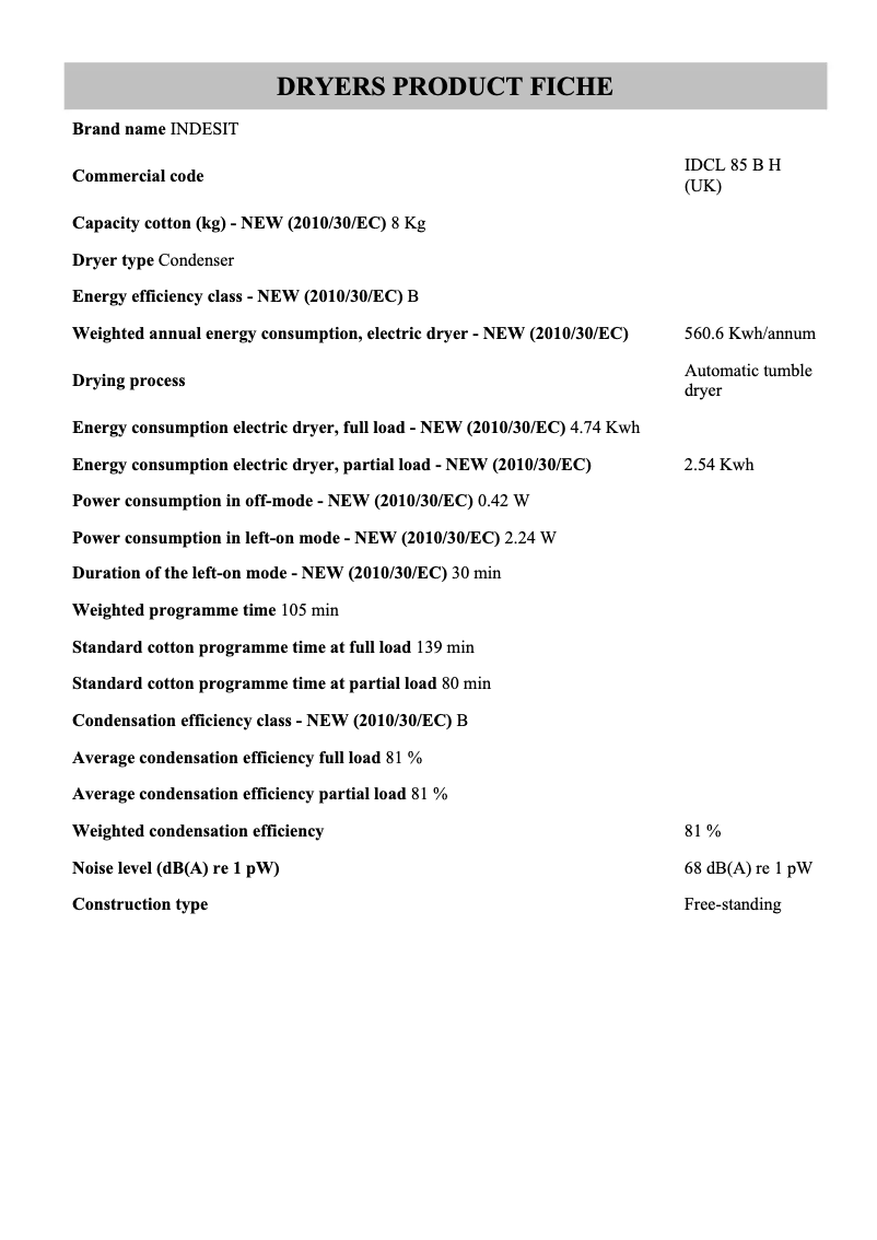 Page 1 of the manual User Manual Indesit IDCL 85 B H (UK)
