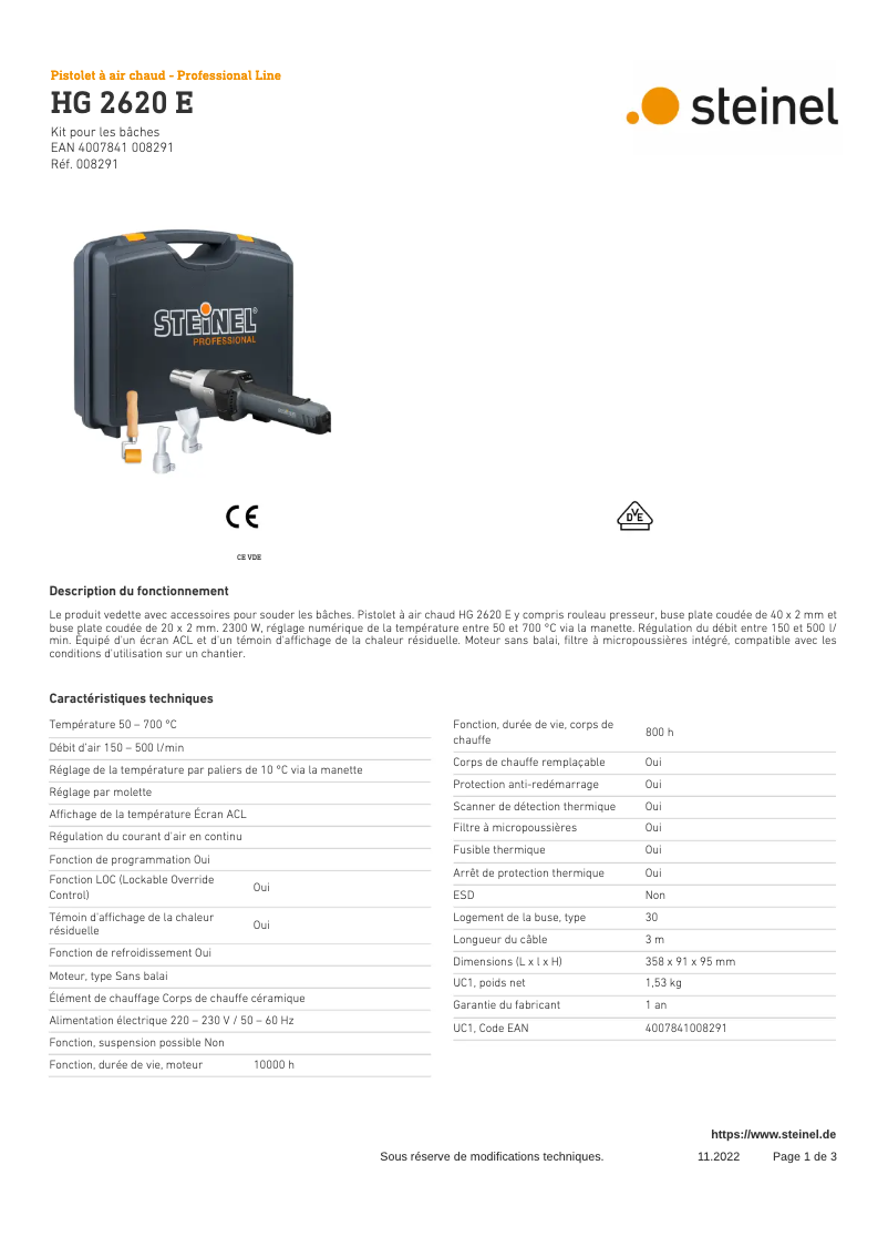 Page 1 of the manual Technical Sheet Steinel HG 2620 E