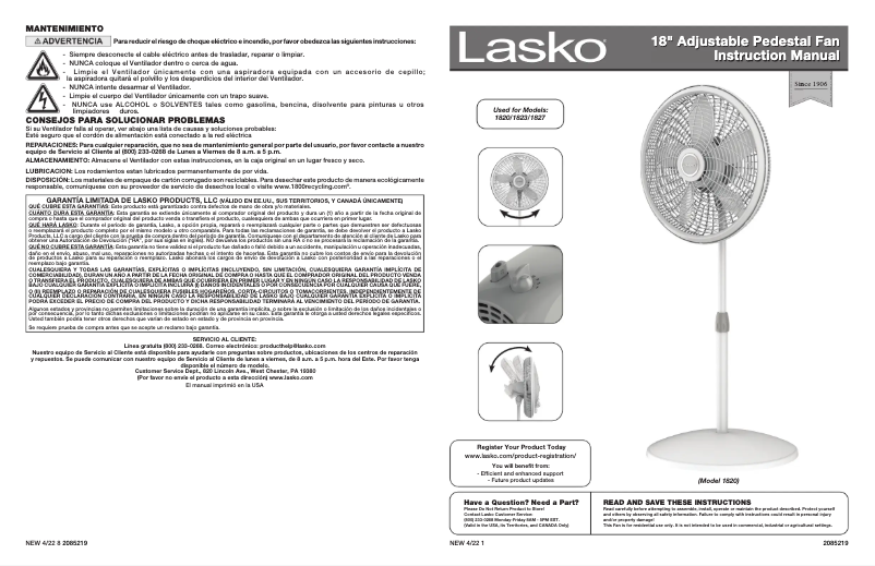 Page 1 of the manual User Manual Lasko Elegance & Performance 1820