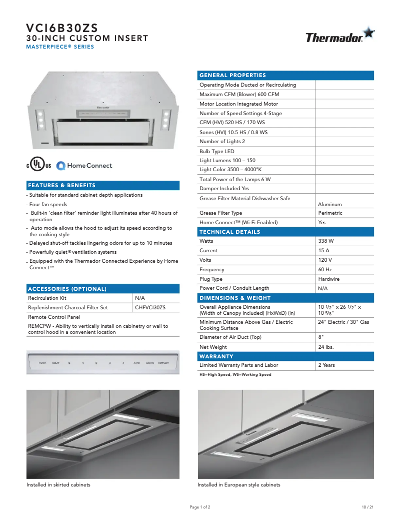 Page 1 of the manual Technical Sheet Thermador VCI6B30ZS