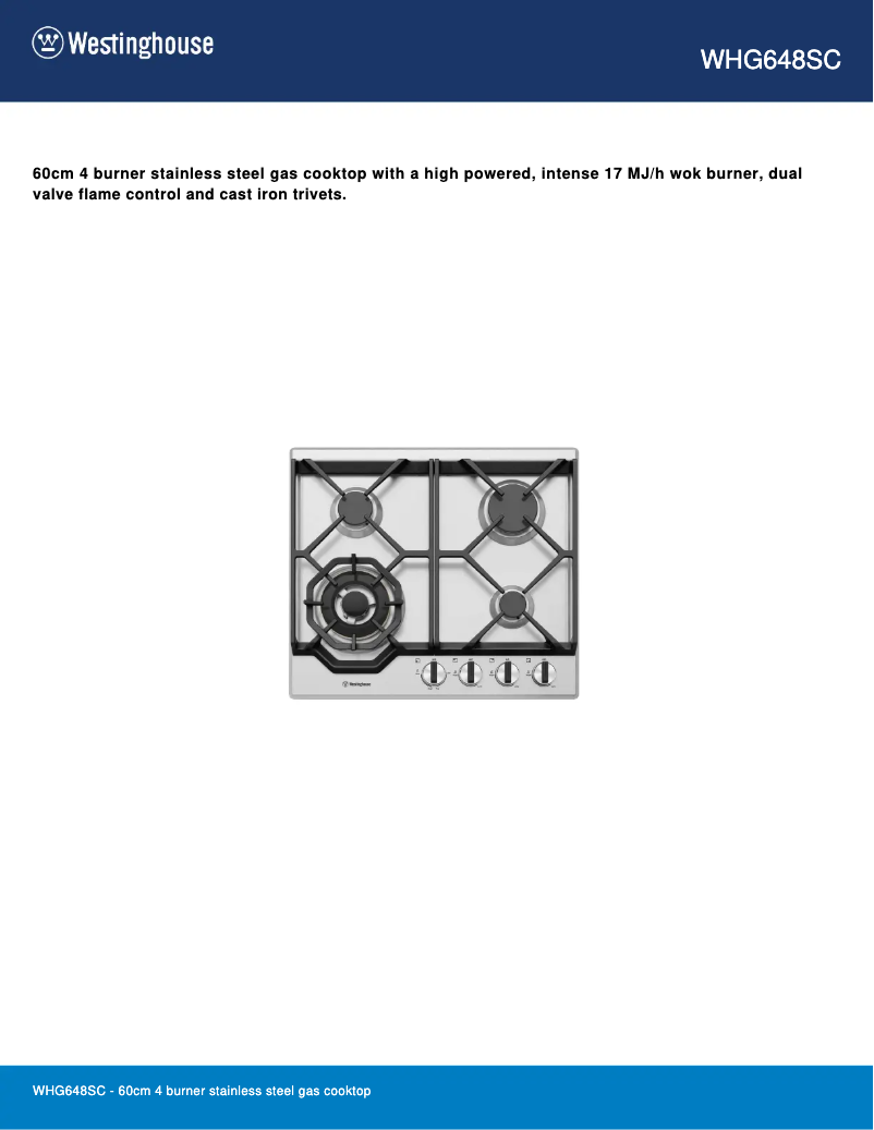 Page 1 of the manual Technical Sheet Westinghouse WHG648SC