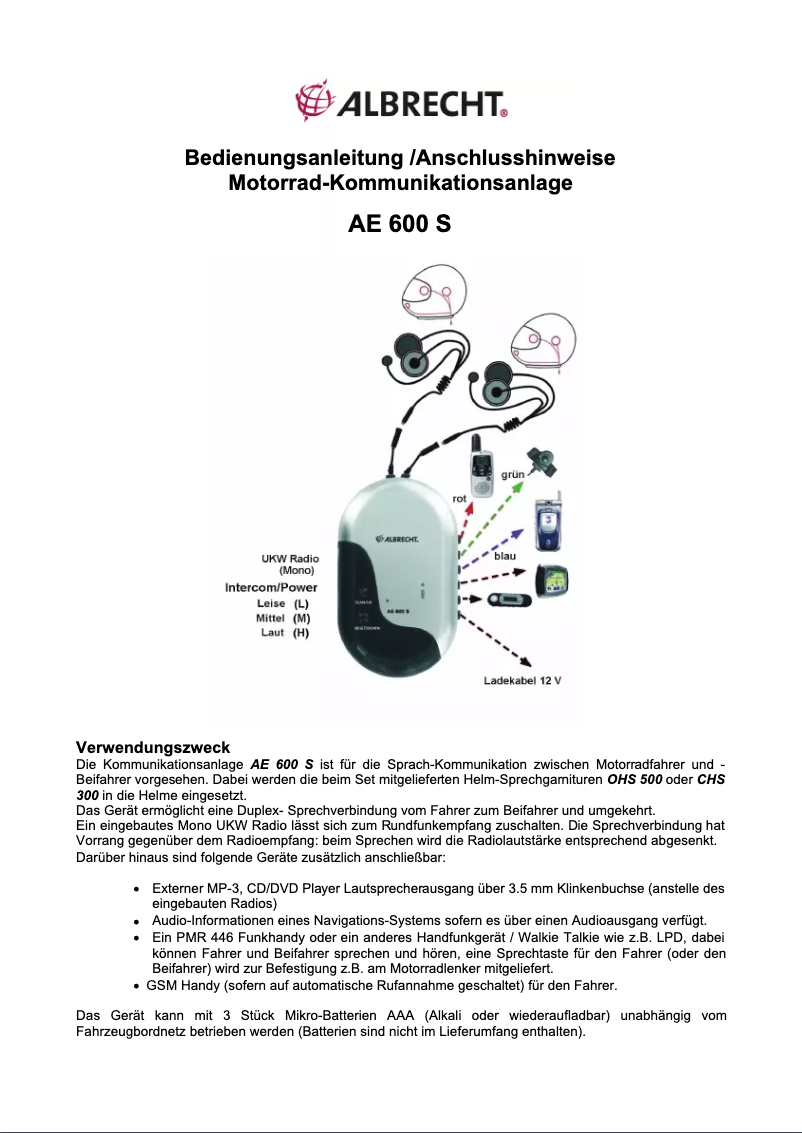 First page image of the manual for Albrecht AE600S