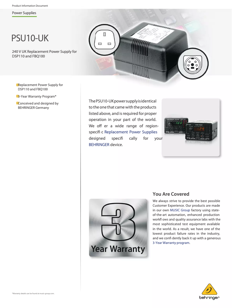 Page 1 de la notice Manuel utilisateur Behringer PSU10-UK