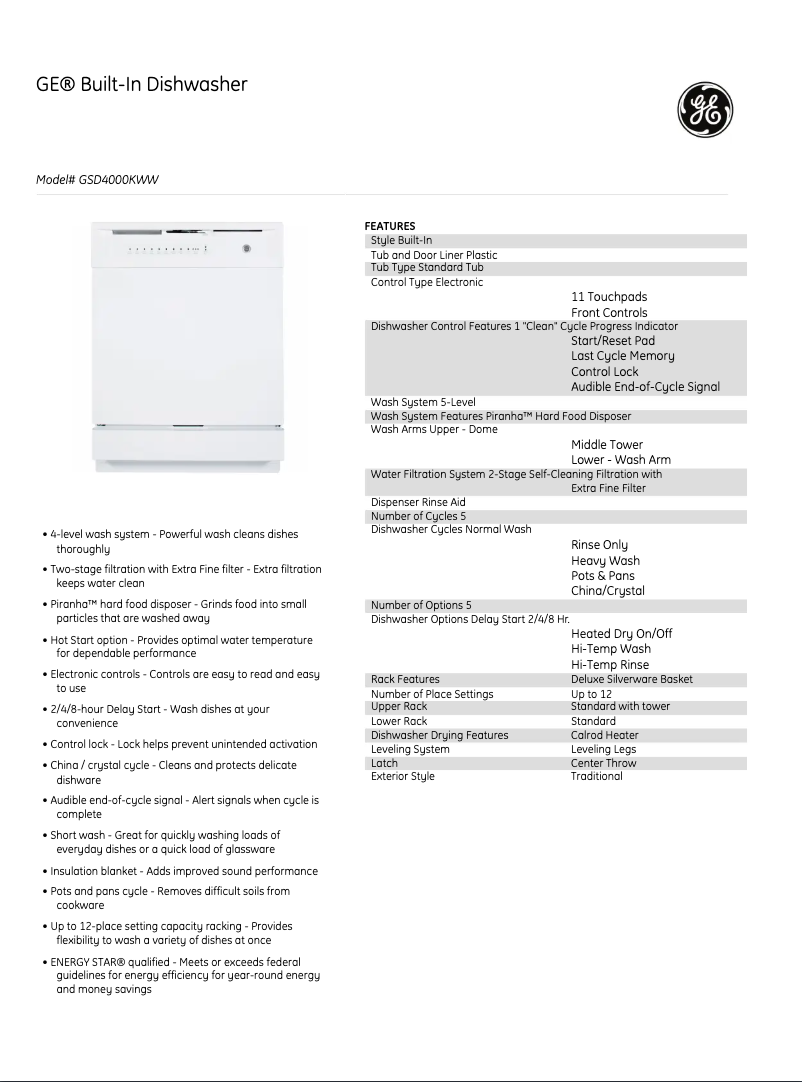 Page 1 of the manual Technical Sheet GE GSD3360KSS