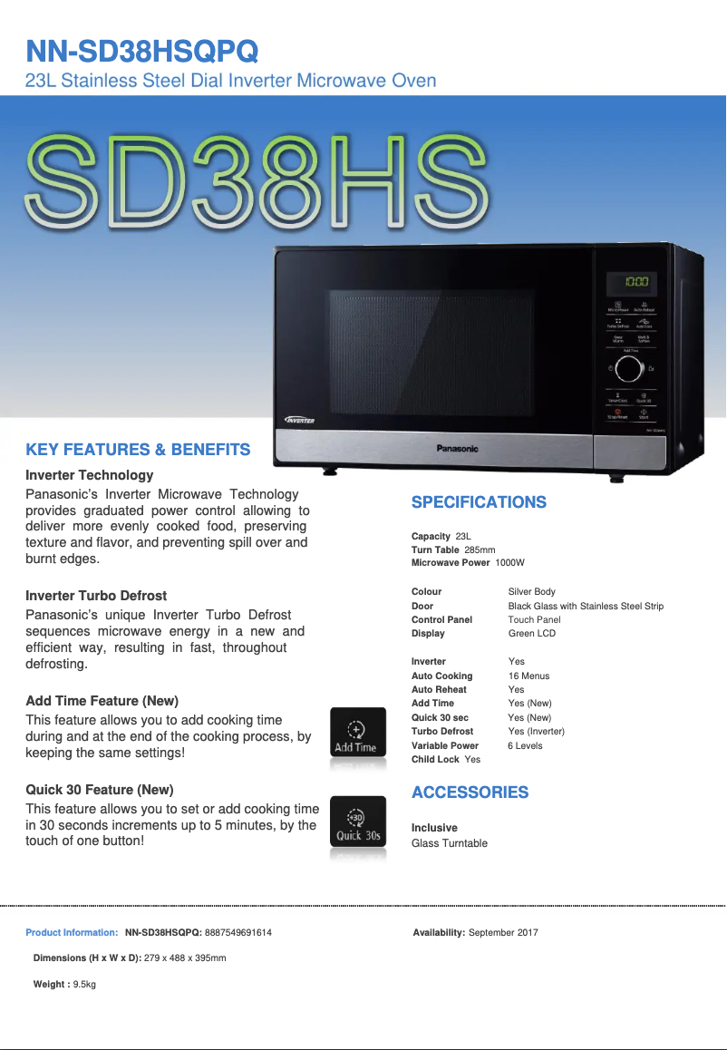 Page 1 of the manual Technical Sheet Panasonic Inverter NN-SD38HS