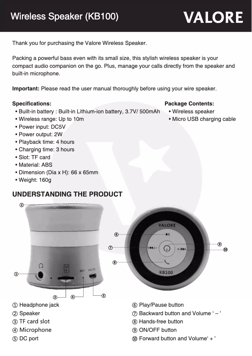 First page image of the manual for KB100
