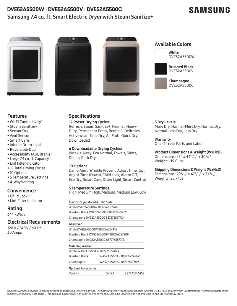 Page 1 of the manual Technical Sheet Samsung DVE52A5500W