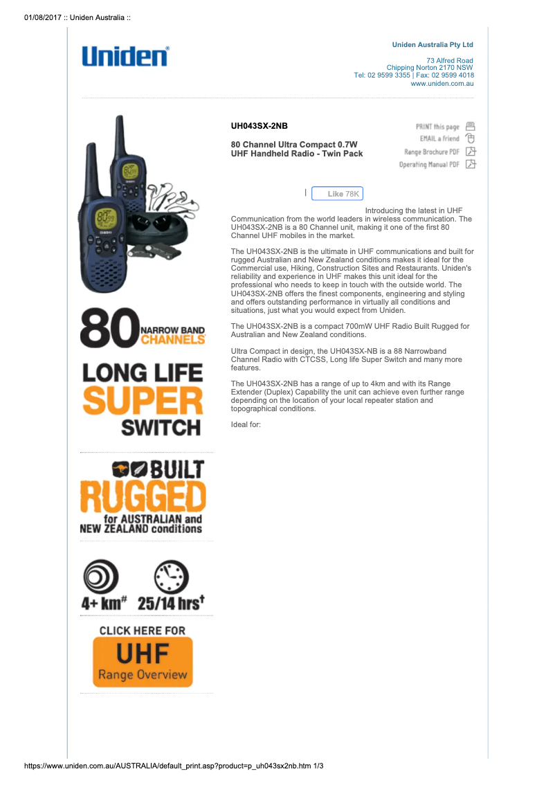 Page 1 of the manual User Manual Uniden UH043SX-2NB