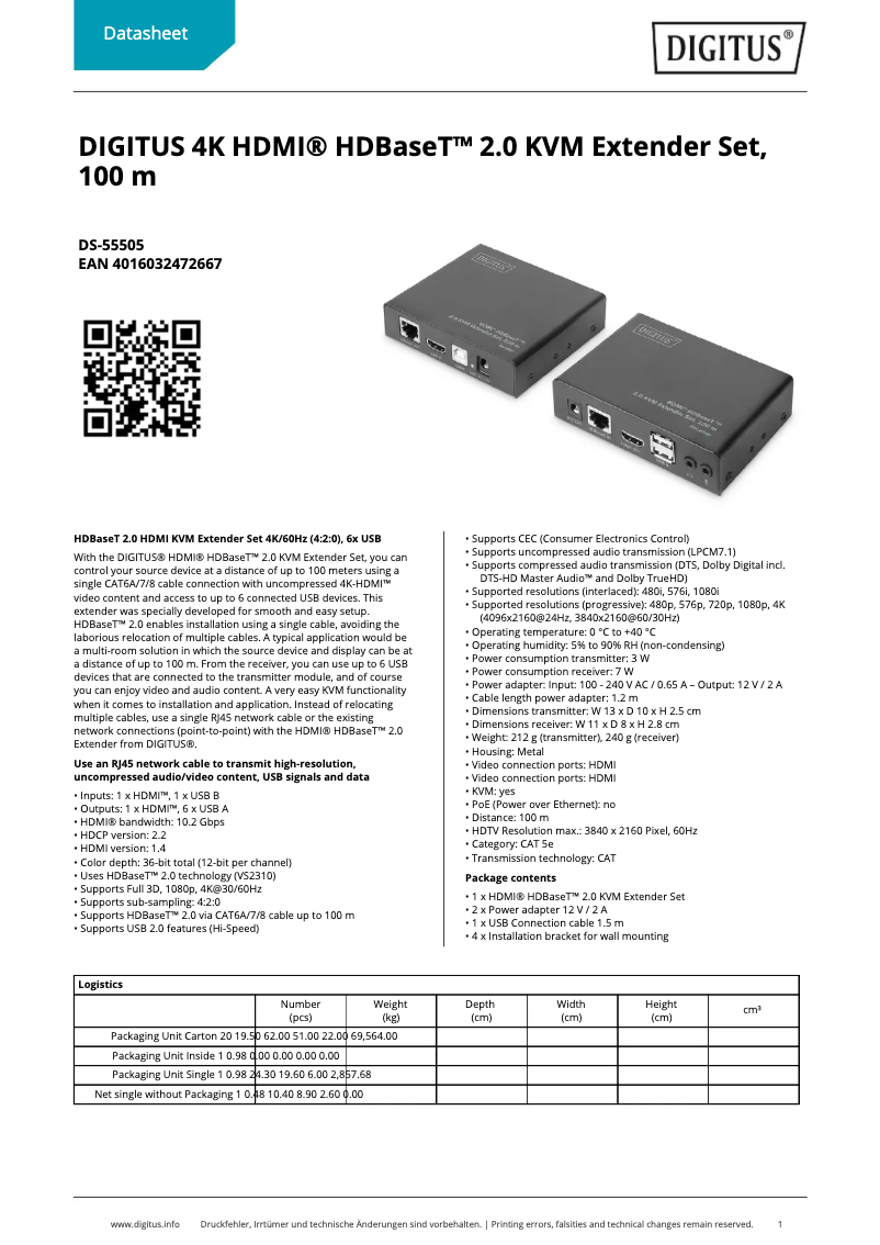 Page 1 of the manual Technical Sheet Digitus DS-55505