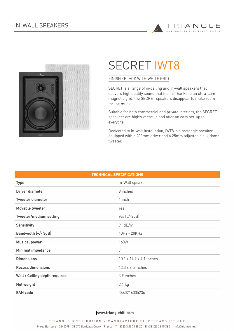 Page 1 of the manual Technical Sheet Triangle Secret IWT8
