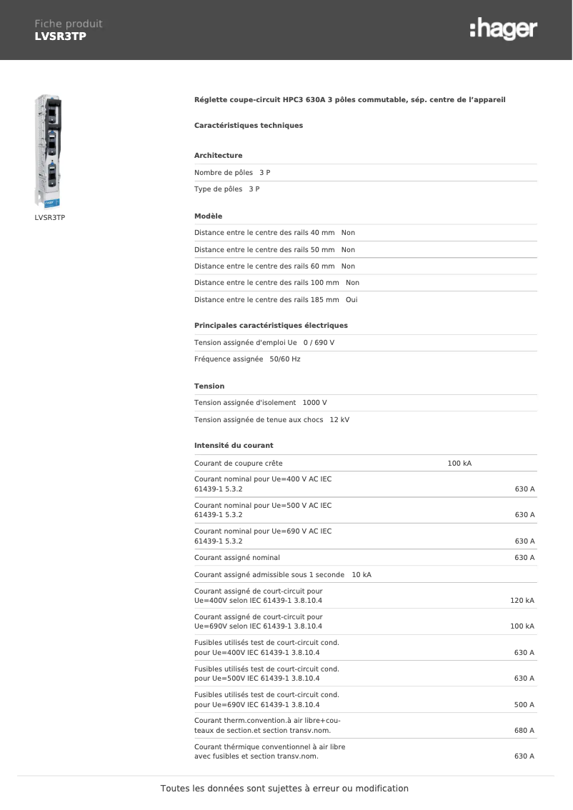 Page 1 of the manual User Manual Hager LVSR3TP