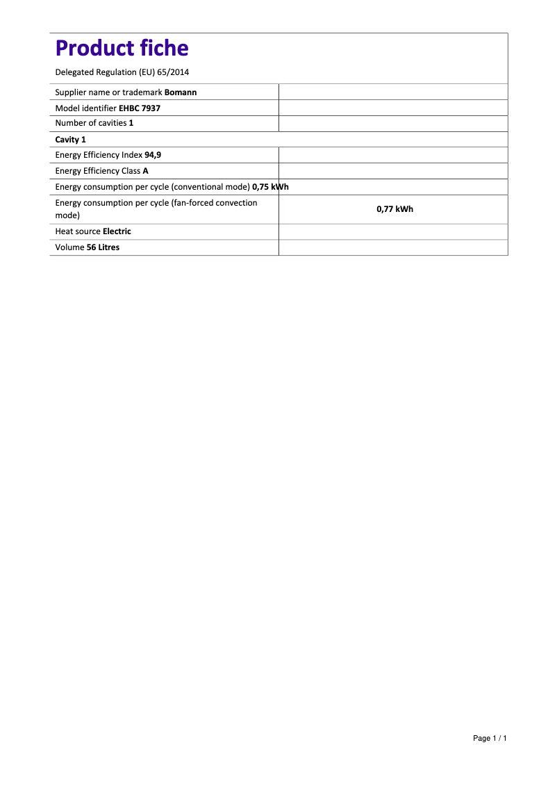 Page 1 of the manual Technical Sheet Bomann EHBC 7937