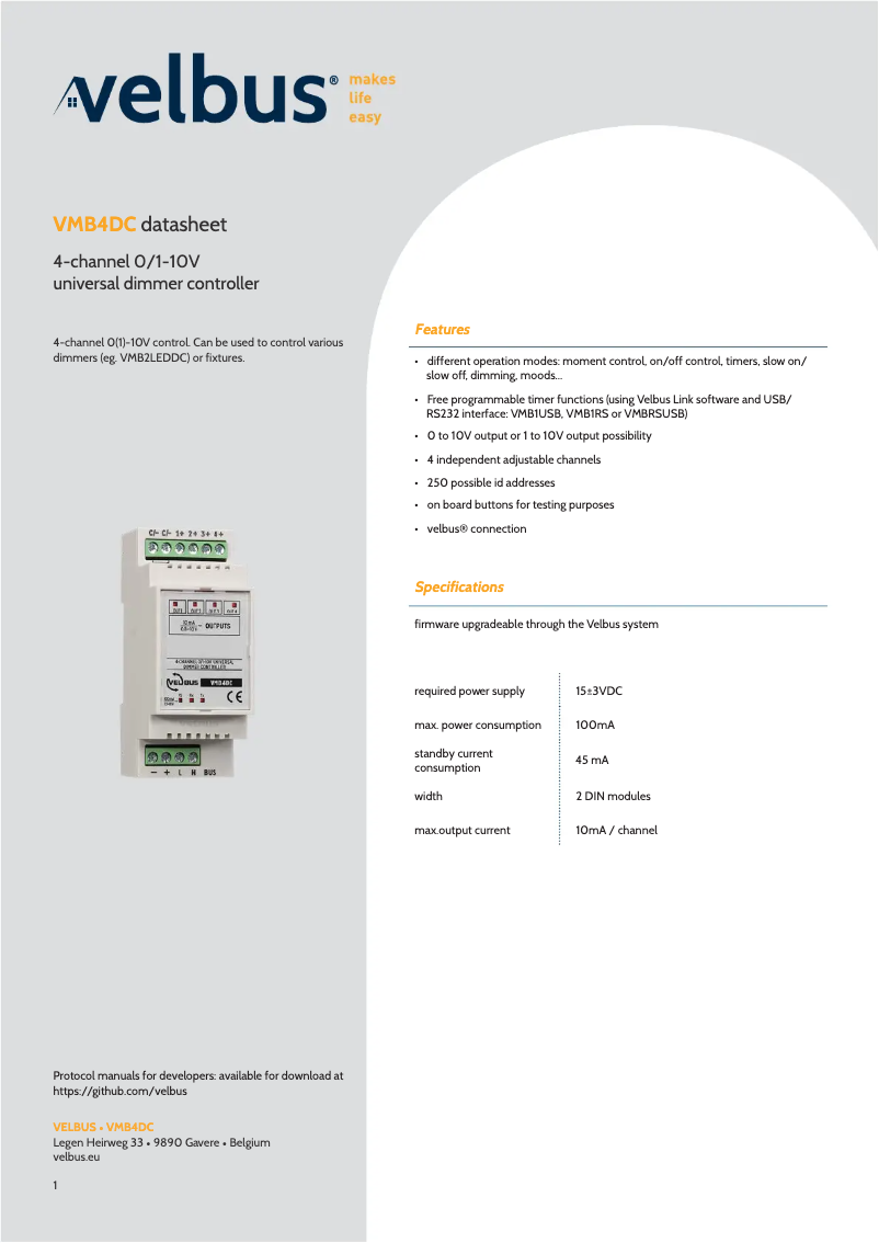 Page 1 of the manual Technical Sheet Velbus VMB4DC