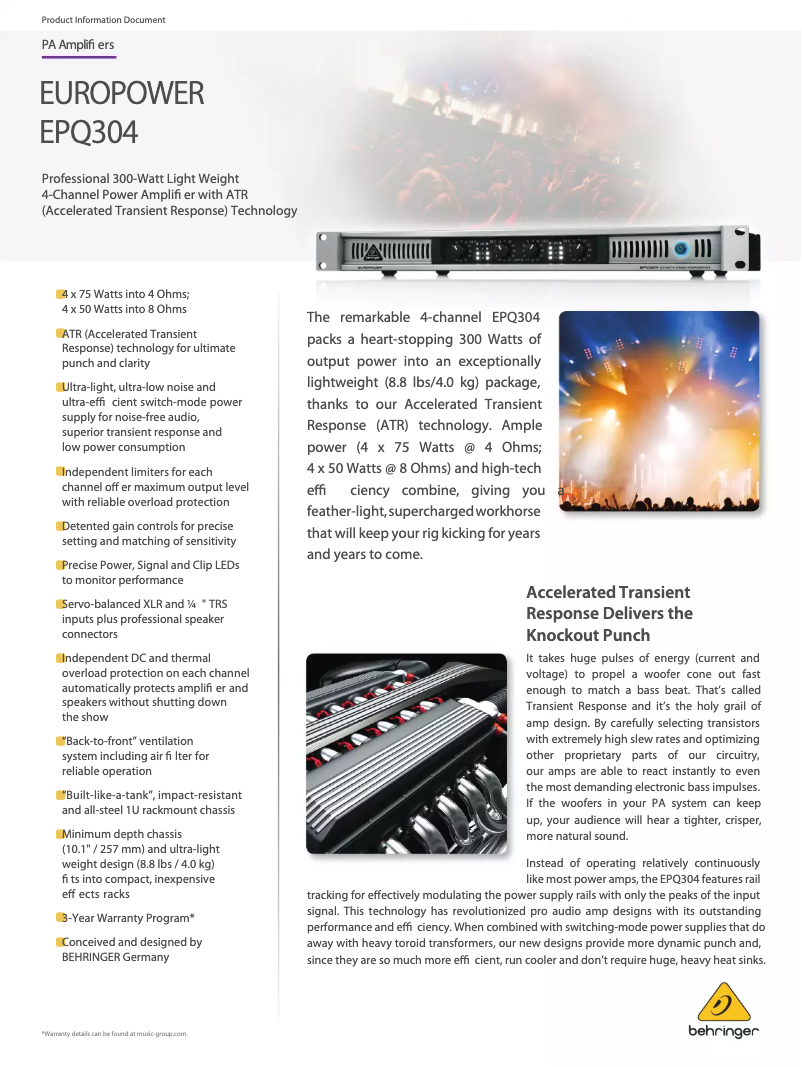 Page 1 of the manual Technical Sheet Behringer Europower EPQ304