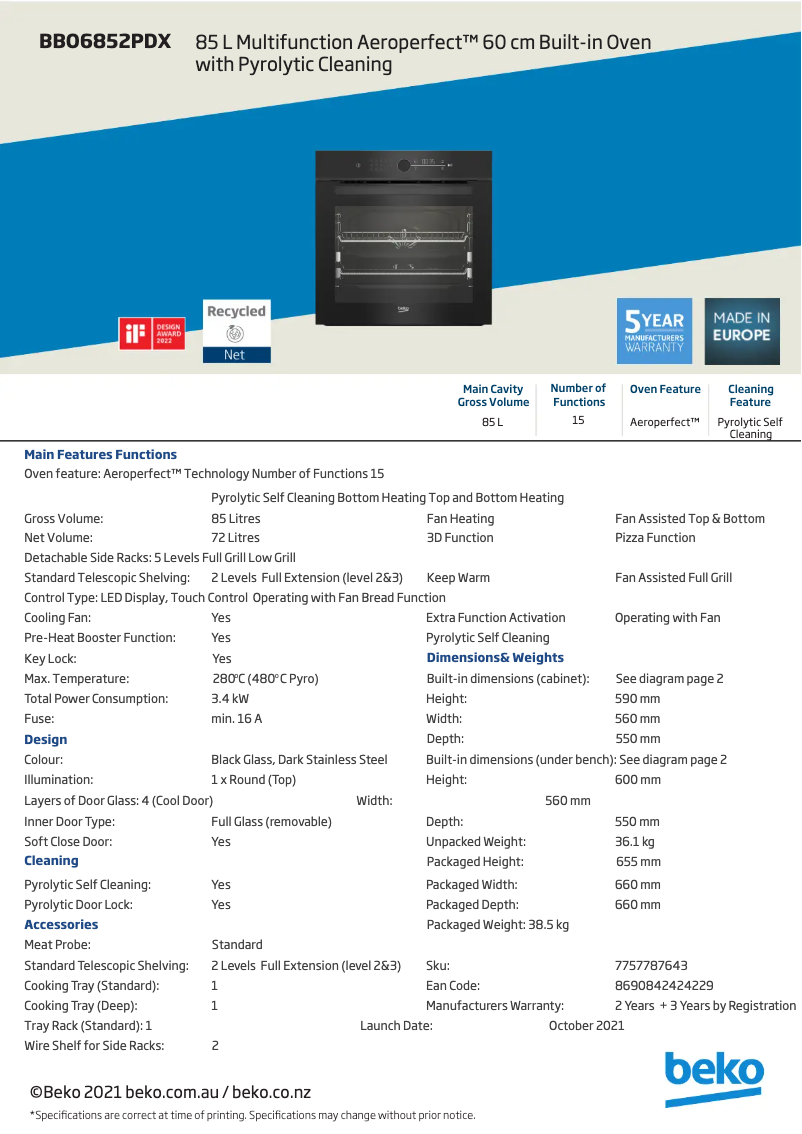 Page 1 of the manual Technical Sheet Beko BBO6852PDX