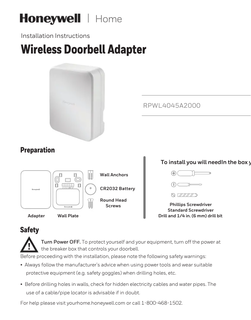 First page image of the manual for RPWL4045A2000