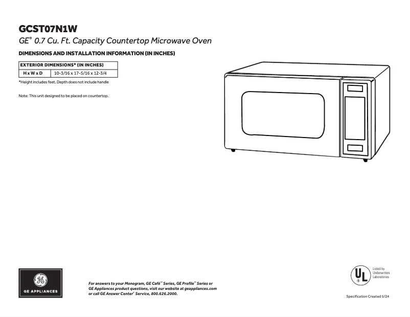 Page 1 of the manual Technical Sheet GE GCST07N1WBB