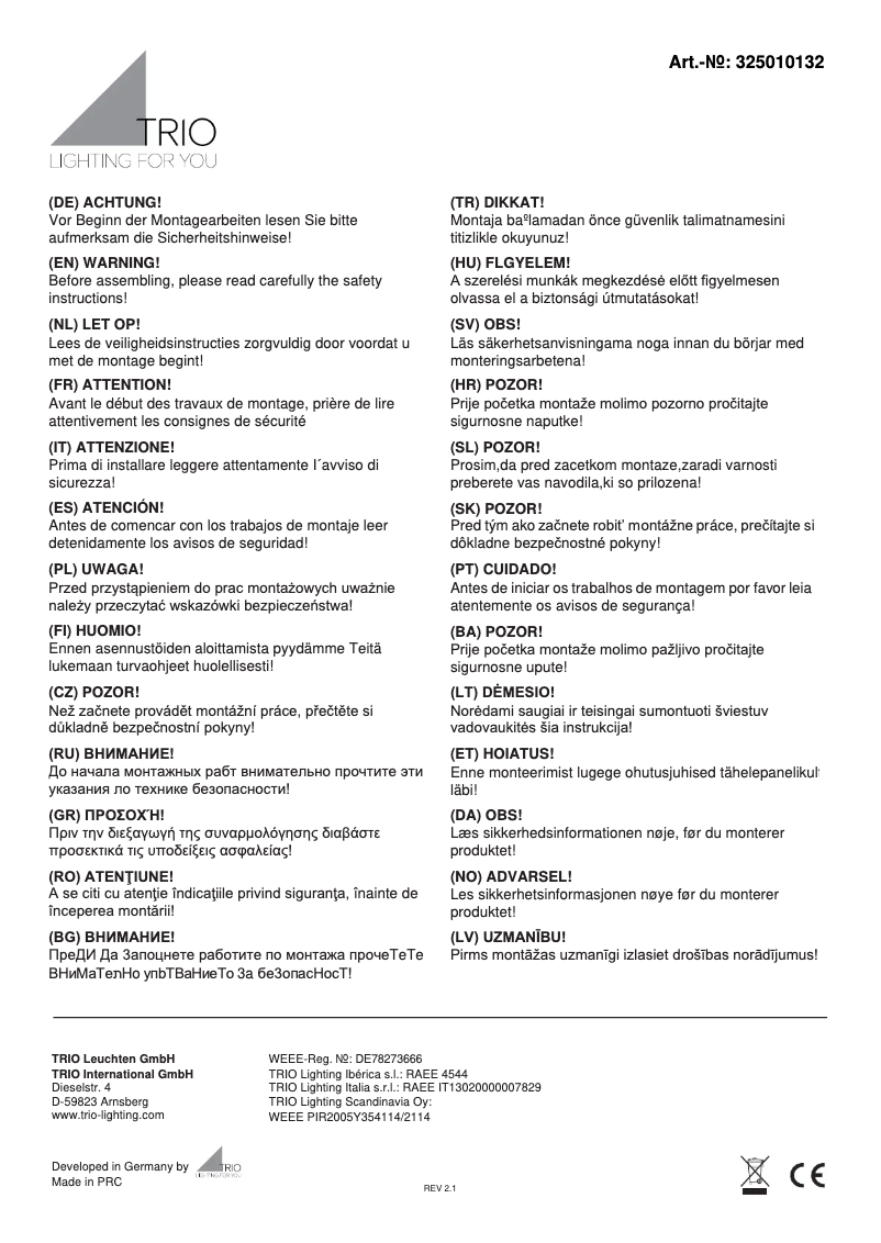 Page 1 of the manual User Manual Trio Lighting Carrera 325010105