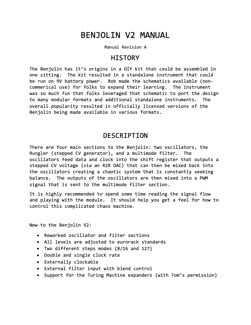 First page image of the manual for Benjolin V2