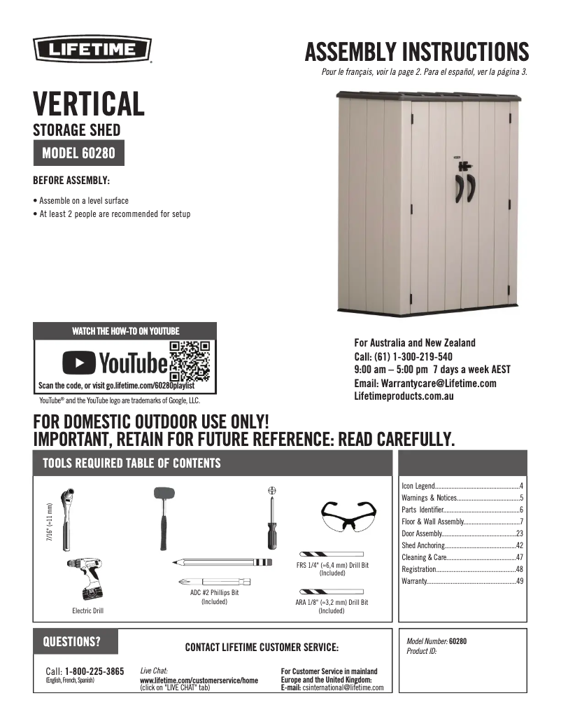 Page 1 of the manual User Manual Lifetime Vertical Storage Shed 60280