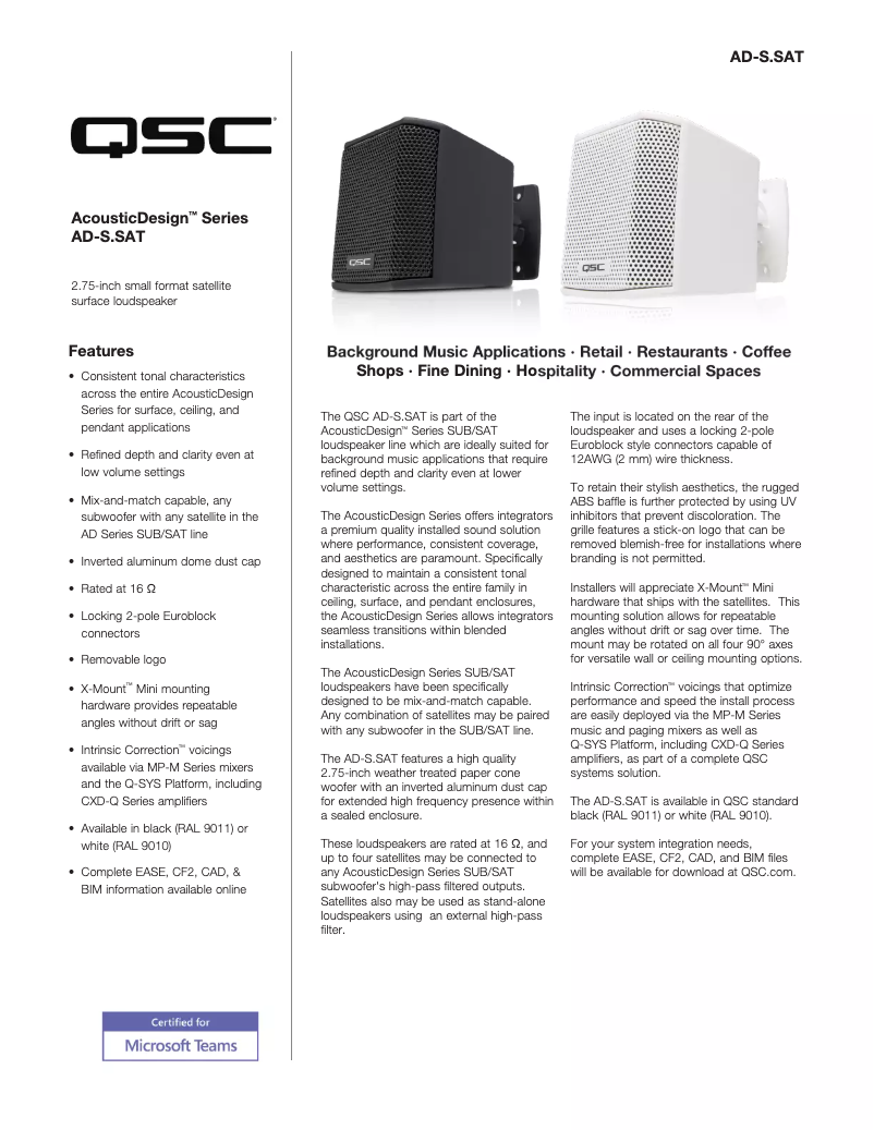 First page image of the manual for AcousticDesign AD-S.SAT