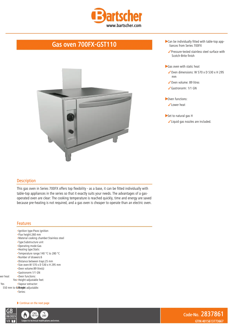 Page 1 of the manual Technical Sheet Bartscher 700FX-GST110