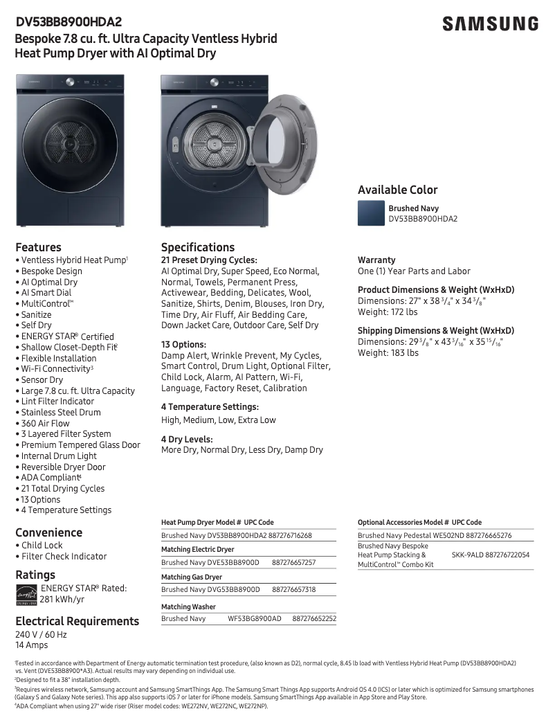 First page image of the manual for DV53BB8900HD