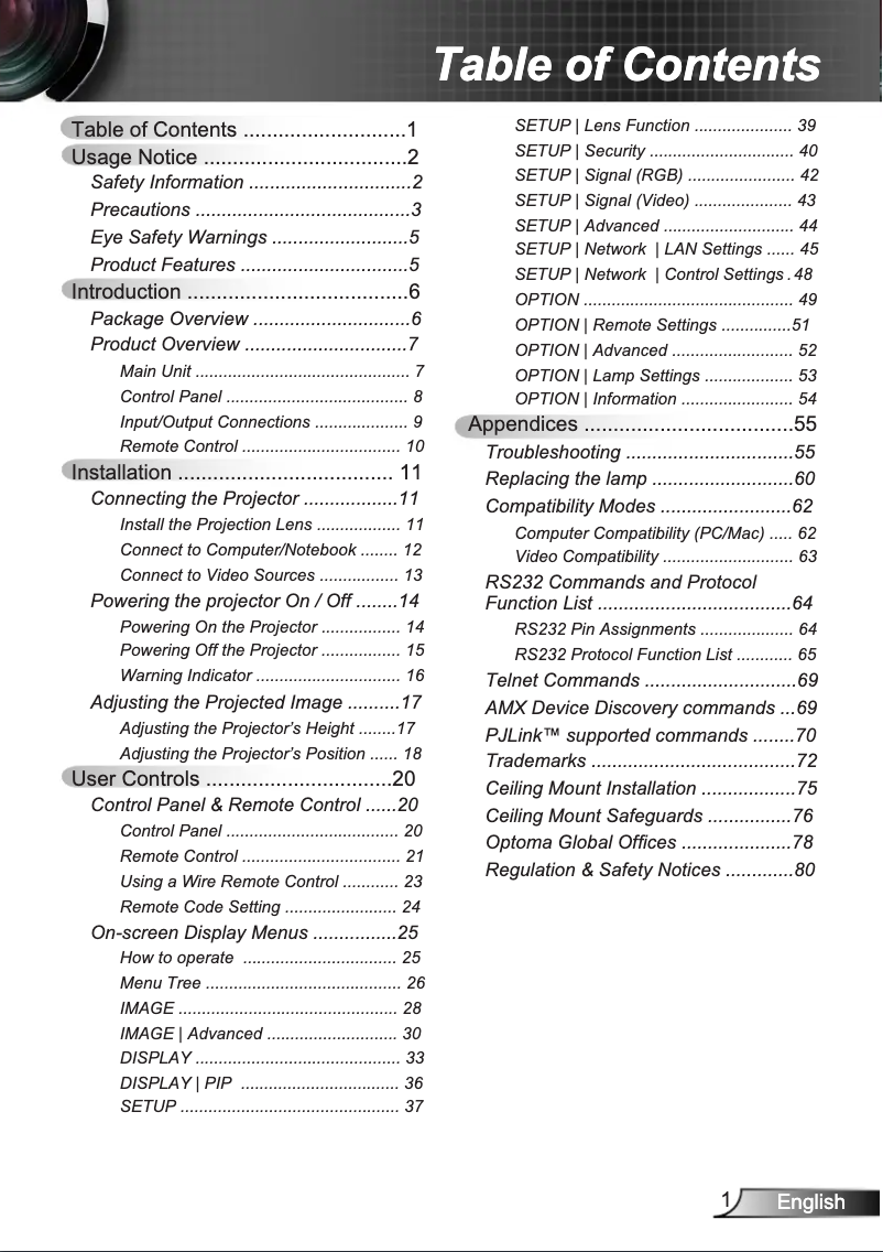 Page 1 of the manual User Manual Optoma EH7700B