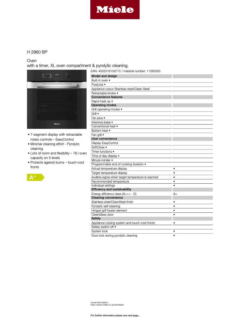 Page 1 of the manual Technical Sheet Miele H 2860 BP