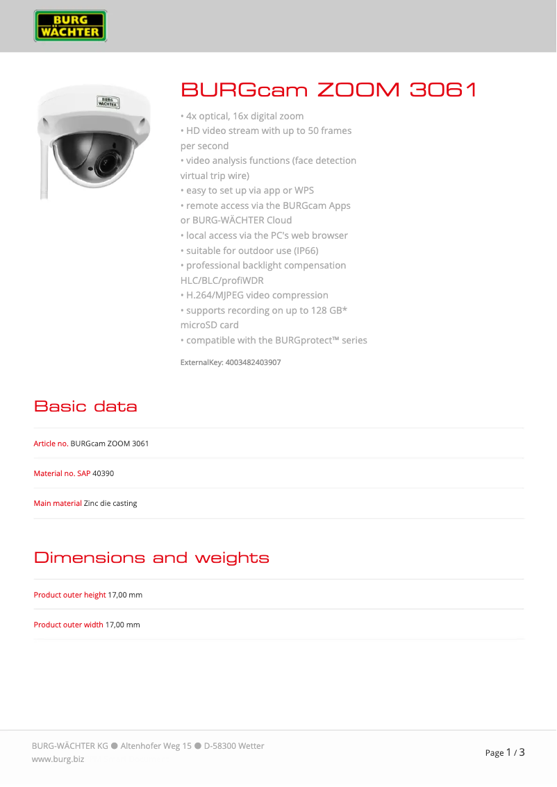 First page image of the manual for BURGcam ZOOM 3061