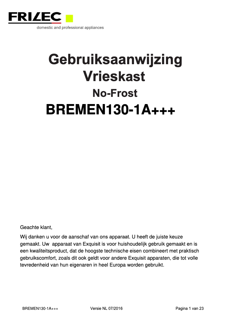 First page image of the manual for BREMEN130-1A+++
