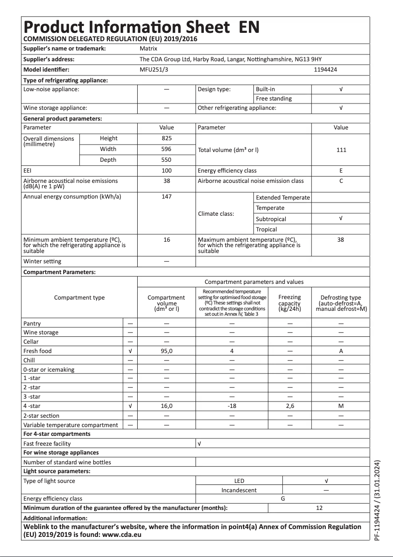 Page 1 of the manual Technical Sheet Matrix MFU251