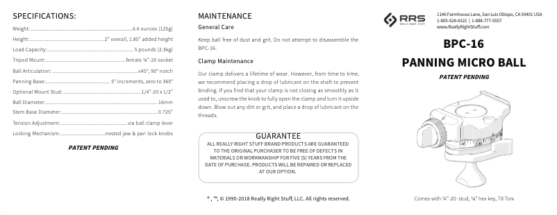 Page 1 of the manual User Manual Really Right Stuff BPC-16