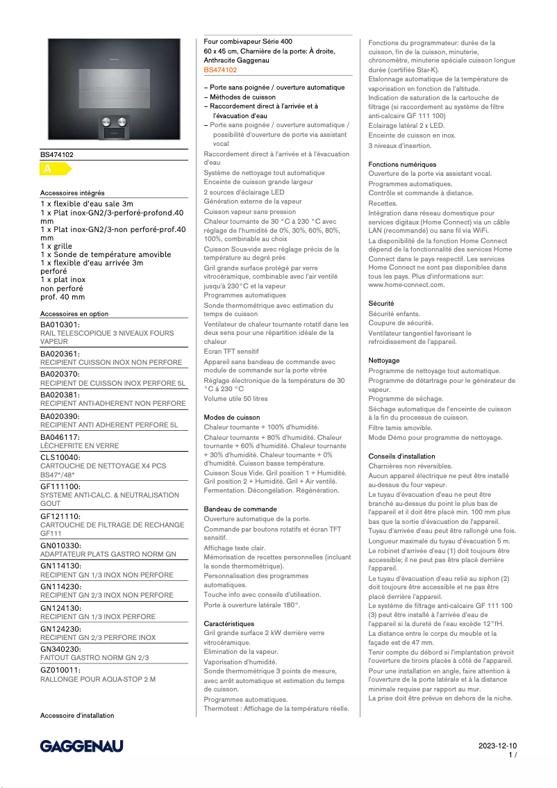 Page 1 de la notice Fiche technique Gaggenau BS474102