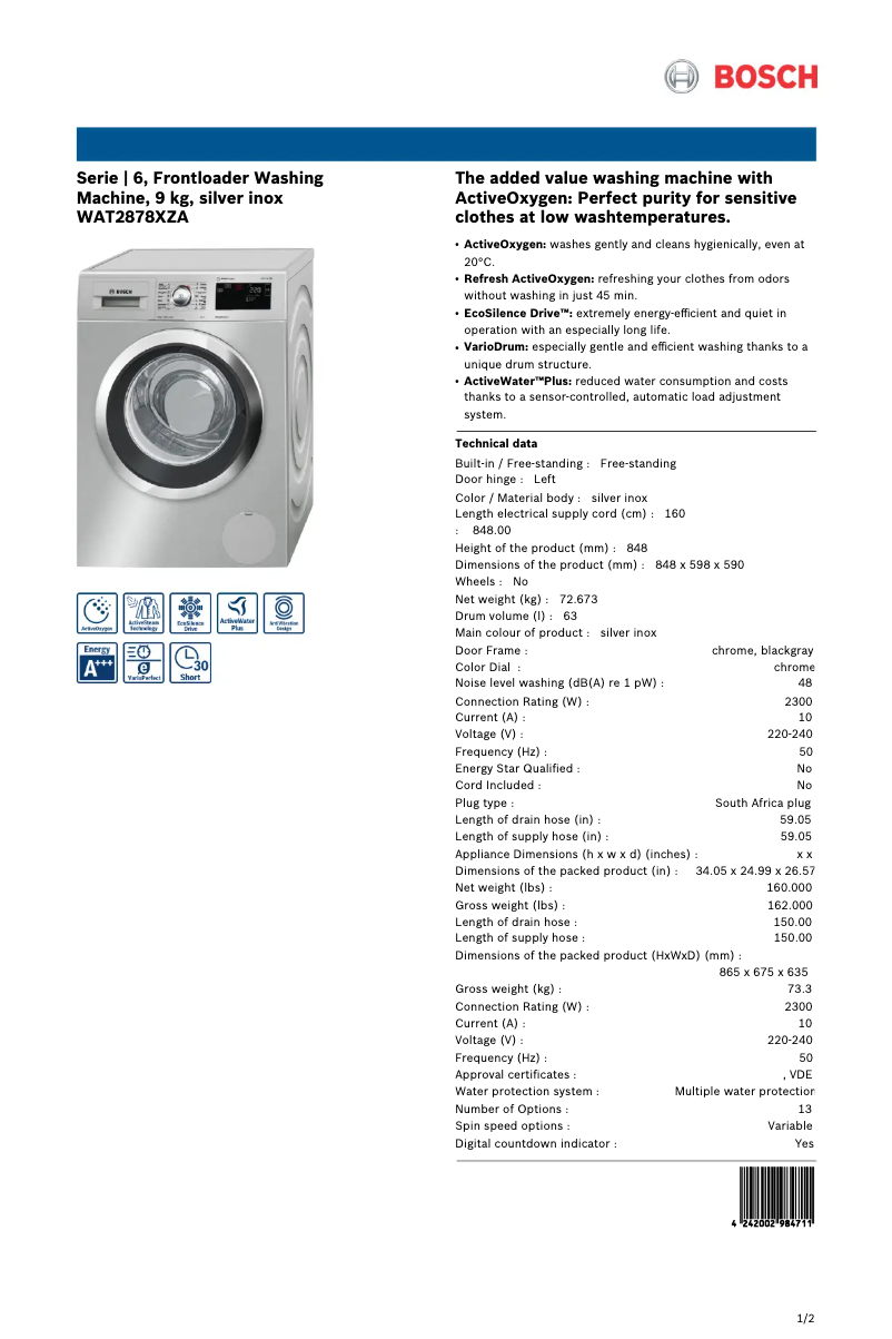 First page image of the manual for WAT2878XZA