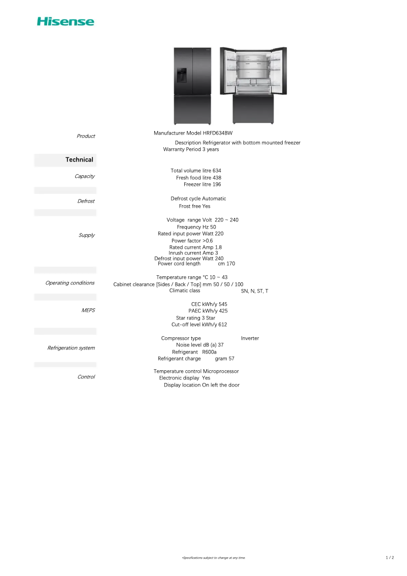 Page 1 of the manual Technical Sheet Hisense HRFD634BW