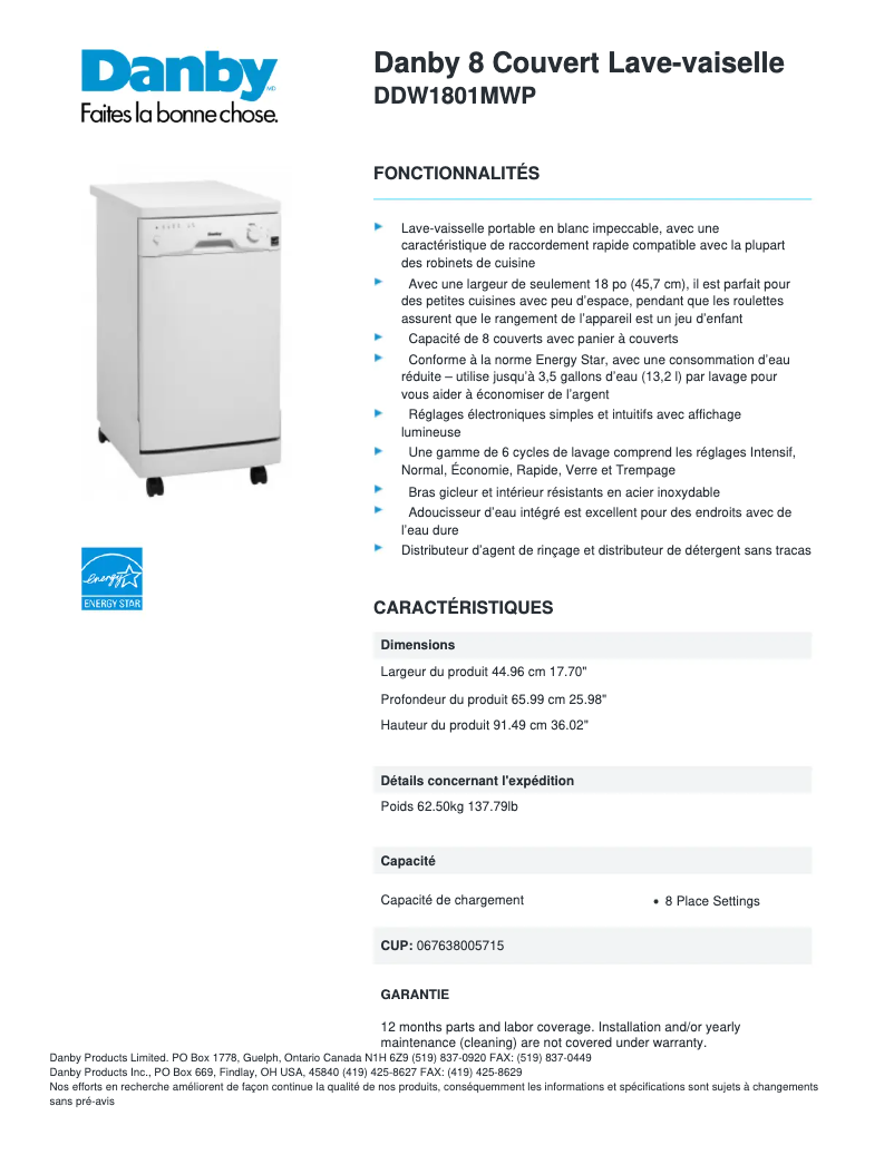 Page 1 of the manual Technical Sheet Danby DDW1801MWP