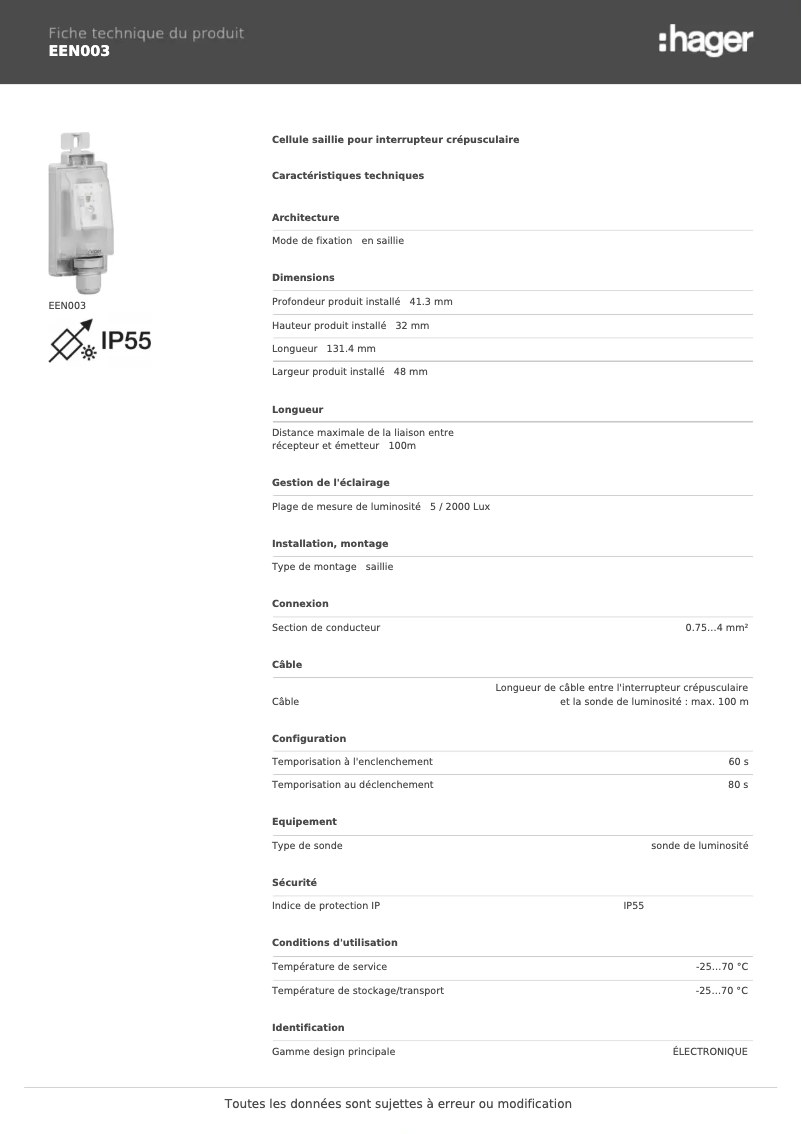Page 1 of the manual Technical Sheet Hager EEN003