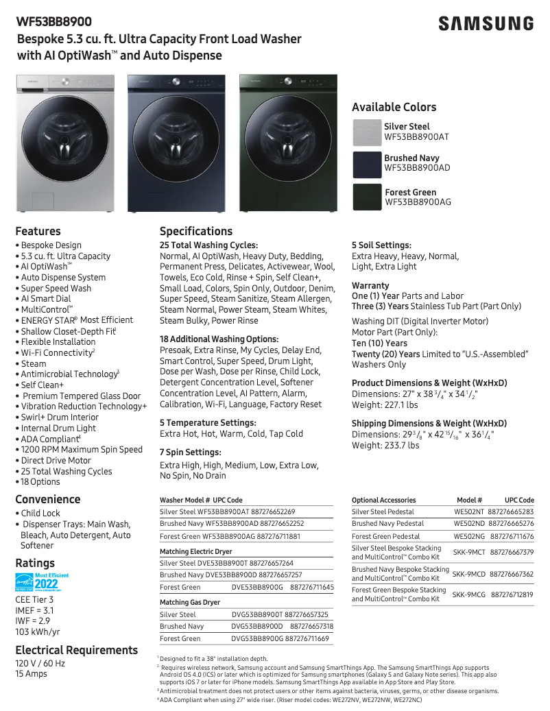 First page image of the manual for WF53BB8900AD