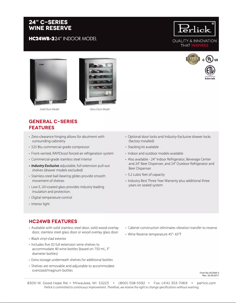 Page 1 of the manual Technical Sheet Perlick C-Series HC24WB-3-3R