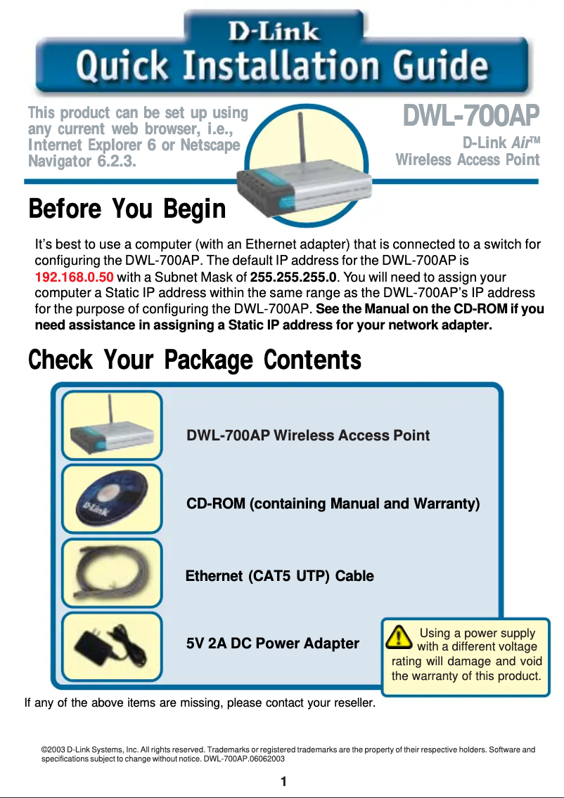 Page 1 of the manual Installation Guide D-Link DWL-700AP