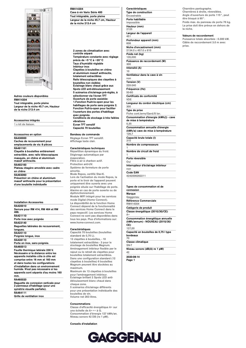 Page 1 of the manual Technical Sheet Gaggenau RW414304