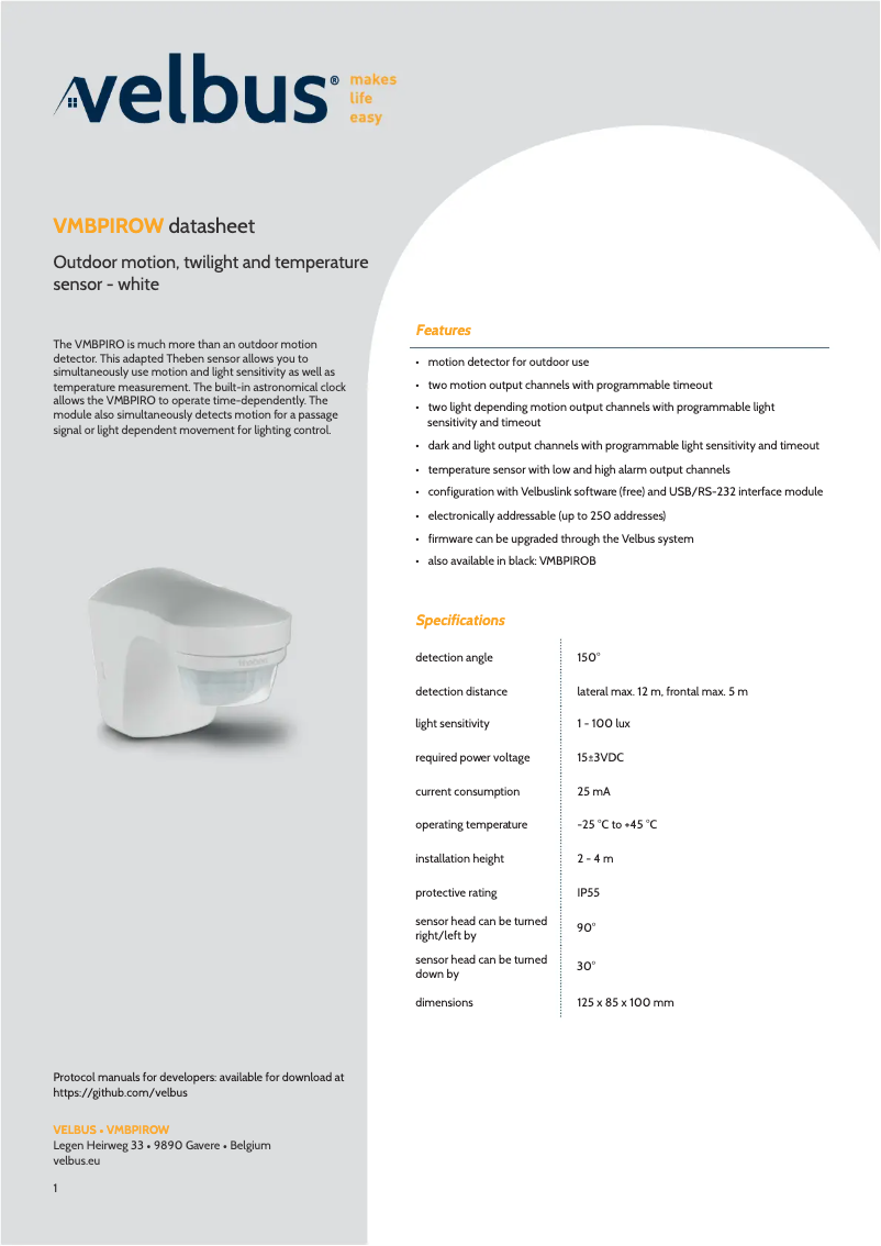 Page 1 of the manual User Manual Velbus VMBPIROW
