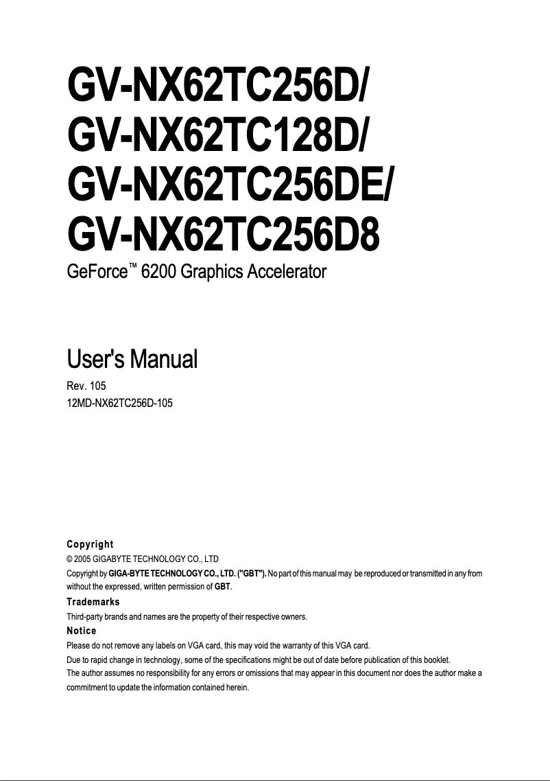 Page 1 of the manual User Manual Gigabyte GV-NX62TC256D8