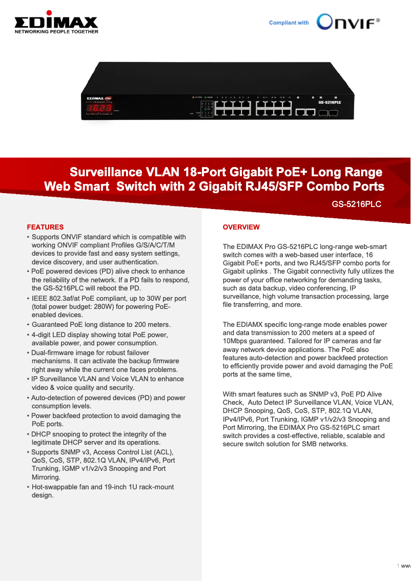 Page 1 of the manual Technical Sheet Edimax GS-5216PLC